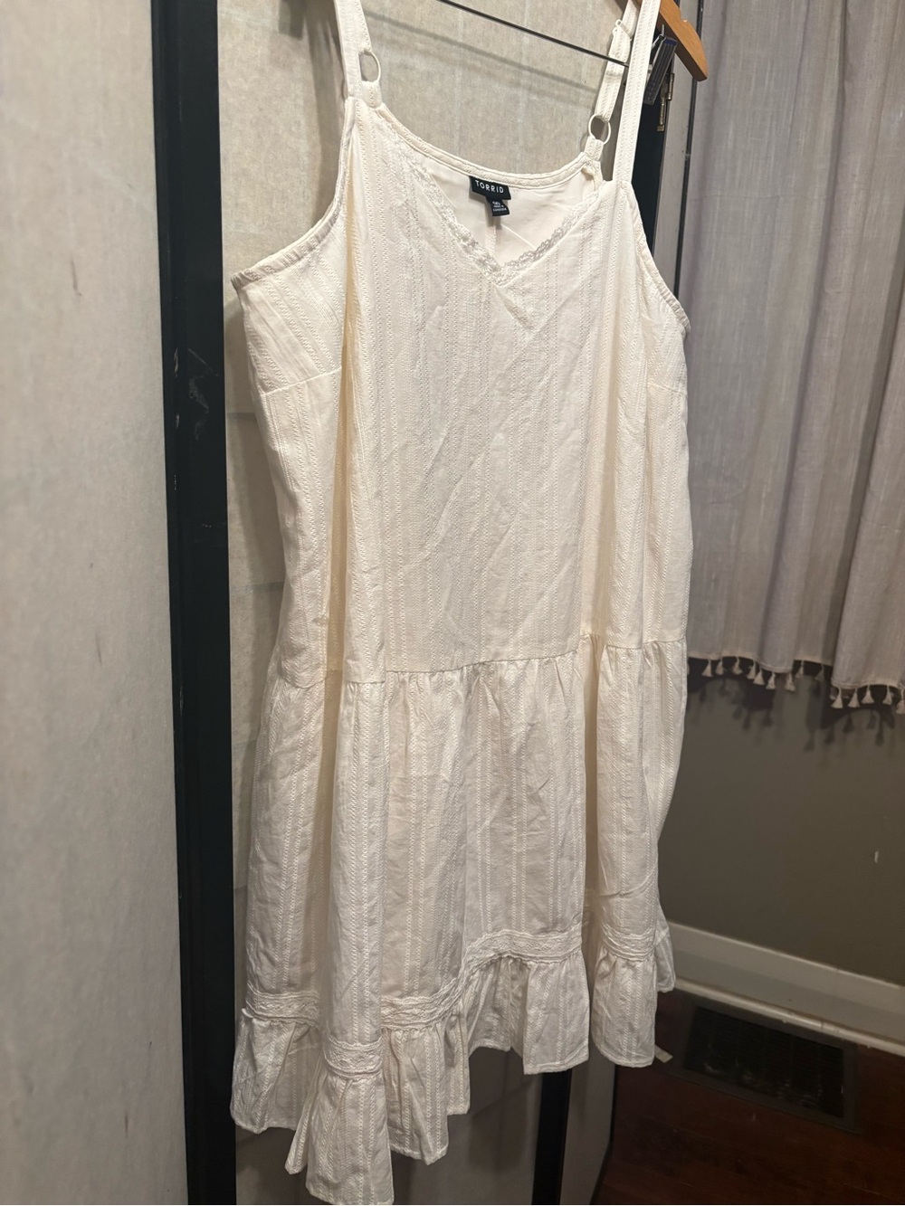 TORRID Drop-Waist Lace-Trim Cotton, Lined Summer Boho Mini Dress, Subtle Stripes